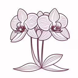 the flowers are blooming on a white background,a group of pink flowers with one flower attached to its head, and the other flower,outline drawing of orchid flower bouquet,an orchid plant with three large flowers,three flowers with leaves drawn on white paper