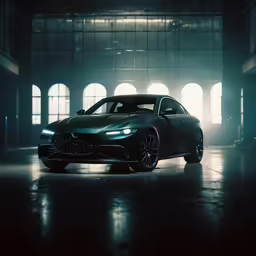 the dark sports car is parked in front of a dark light
