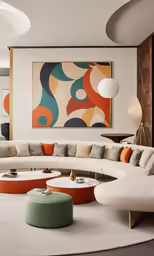 a large, white sectional couch in a room with various pillows