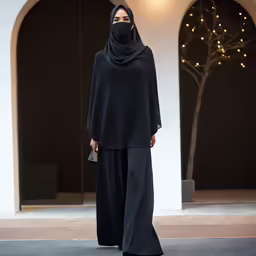 a woman is standing in the street wearing a black outfit