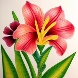 an drawing of a red flower is shown,colorful drawing of a flower with green leaves