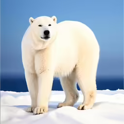 a polar bear in the snow near some water
