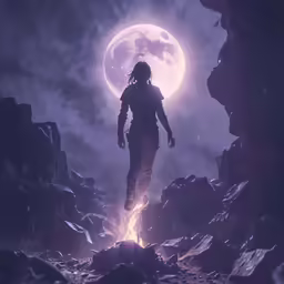 an alien woman stands in the middle of the wilderness, with a huge moon in the background