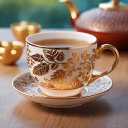 a cup filled with coffee sitting on top of a wooden table