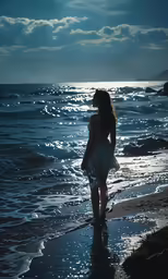 a woman standing on the beach looking into the ocean