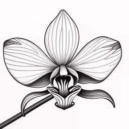 the flower has a long stem with two leaves in it,an orchid flower with leaves on it