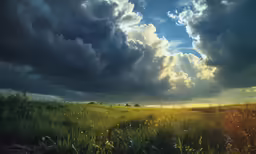 an art photo of grass and flowers under a storm cloud