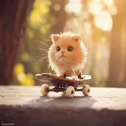 a fluffy cat is sitting on a skateboard