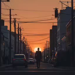 a man walking across the street while the sun is setting