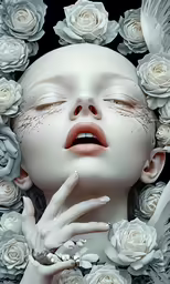 a woman that has flowers around her face
