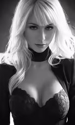 a woman in a dress with bra poses for the camera