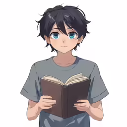 an anime character holding an open book and looking at it