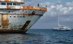 a white and rusted ship in the middle of water