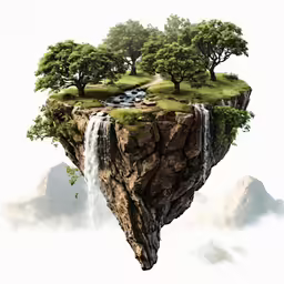 an island with waterfall flowing through it