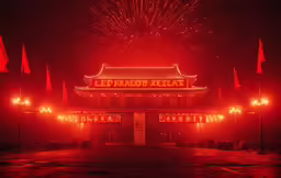 the fireworks glow brightly red at night with chinese buildings in the background