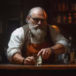 a man with a long gray beard holding a glass