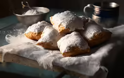 six scones on a cloth next to silver saucer and spoon