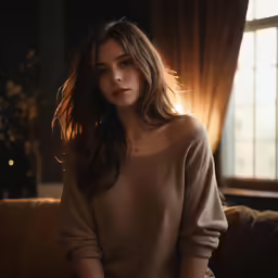 a woman in a sweater sitting by a window