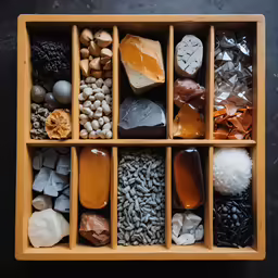 a plastic storage box filled with many rocks and other rocks