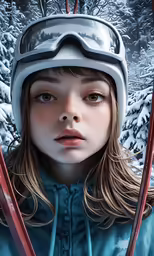 girl with skis in the background wearing a ski helmet