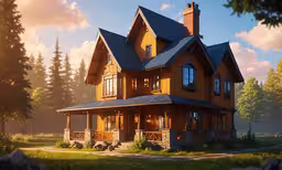 a very beautiful house surrounded by lush green trees,a home with a sky in the background