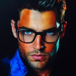 a man with a blue shirt and glasses on his face
