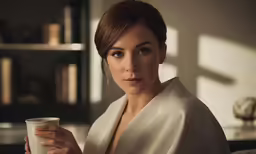 a woman in white posing and holding a cup
