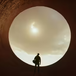 the silhouette of a man holding a briefcase under the sun
