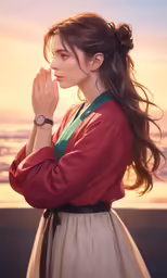a beautiful woman posing for the camera with her hands clasped
