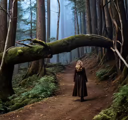 a woman in a black dress walking on the road through a forest