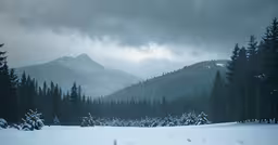 a dark, gloomy forest has a dark sky over the mountains