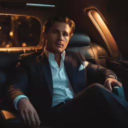 a man sitting in the back seat of a car