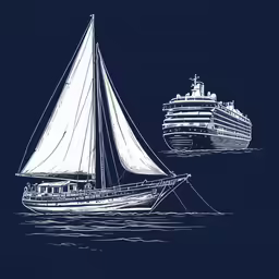 a drawing of a sail boat and a cruise ship