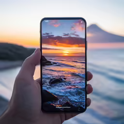 a person holding a phone with a landscape in the background