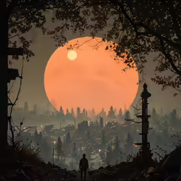 man looking at a large red sun over a forest