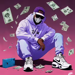 a graphic of a man with a purple hoodie and some money,a person squatting with money scattered around