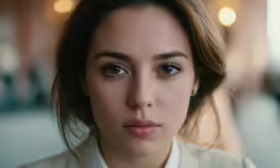 an attractive young woman with blue eyes looks straight into the camera
