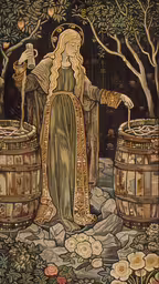 the painting is being displayed in a religious setting,a woman standing next to some large barrels