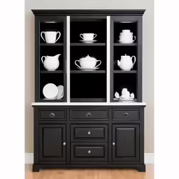 a cabinet with some white cups and saucers on it