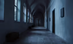a very long, creepy and dark hallway in a hospital