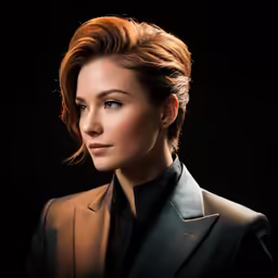 the woman is wearing a black suit and a tie