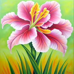a painting of a flower painted on a canvas,a painting of a pink flower is featured,a picture of a pink flower that is hanging on the wall,the painting of a pink and yellow flower is displayed,a pink flower with yellow stamen on a green background