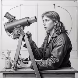 a young woman looking through a telescope into space