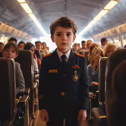 a young boy in an airplane cabin with other people sitting on seats