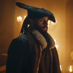 man wearing black hat and fur collar looking away