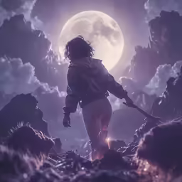 a person walking towards the full moon with a cane