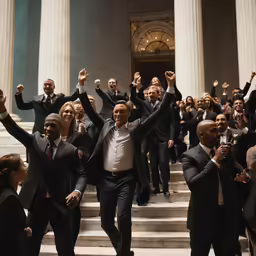 many people walk outside of a building, some holding up their hands