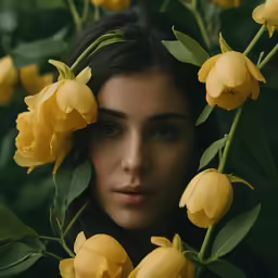 a woman is looking straight ahead, standing in a large bunch of flowers
