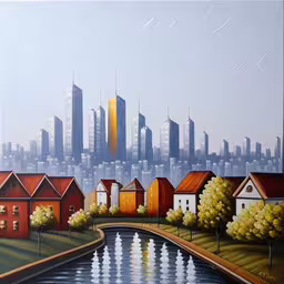 this painting shows a city with many tall buildings