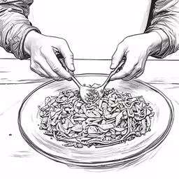 a woman holding chopsticks over a plate of noodles